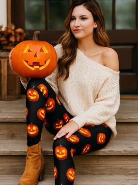 No Boundaries Black Pumpkin Face Halloween Leggings